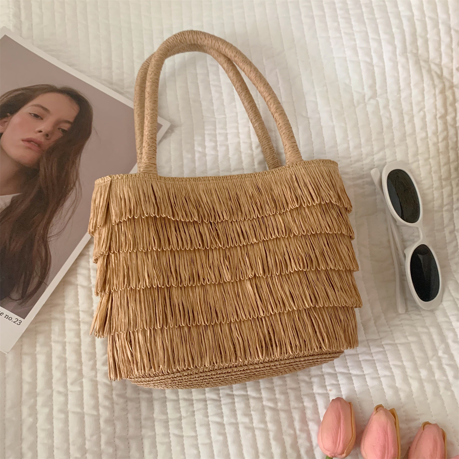 Rustic Woven Tassel Tote Bag for Women Spring Summer French Vintage Picnic Beach Bag