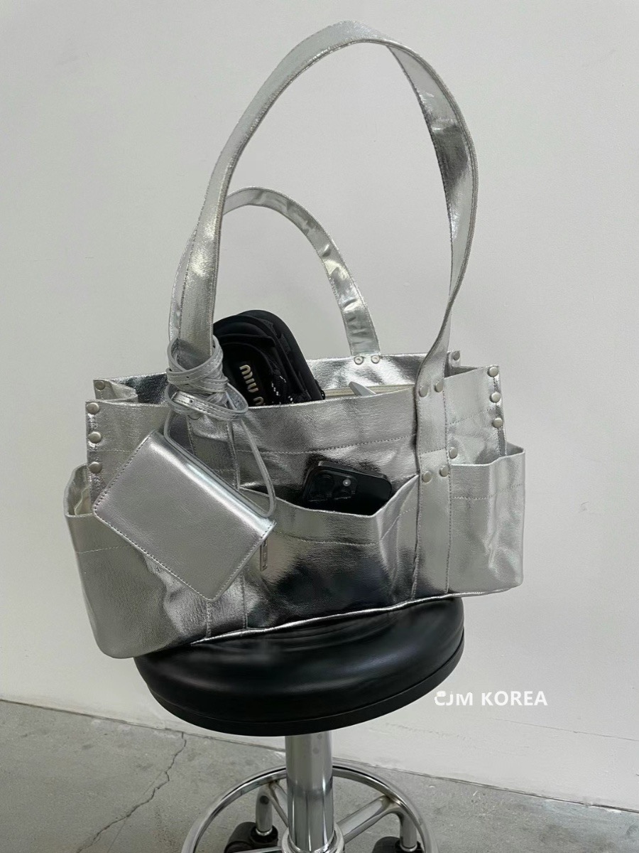 BREATHE Shiny Silver Multi-Pocket Large Tote Bag