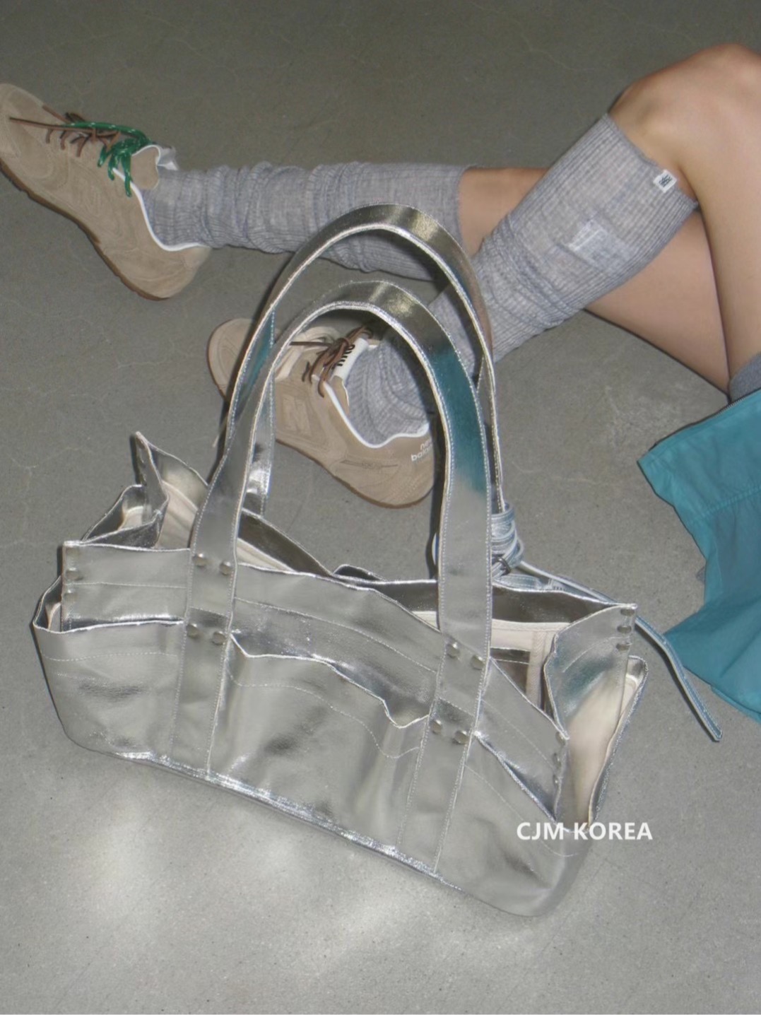 BREATHE Shiny Silver Multi-Pocket Large Tote Bag