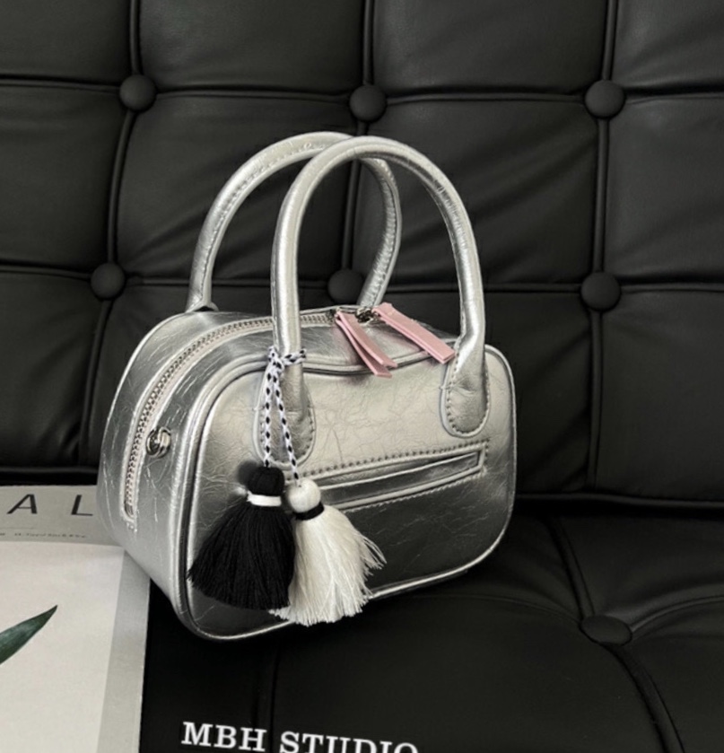 MBH Silver Textured Top-Handle Bag with Shoulder Strap and Charm - Image 3