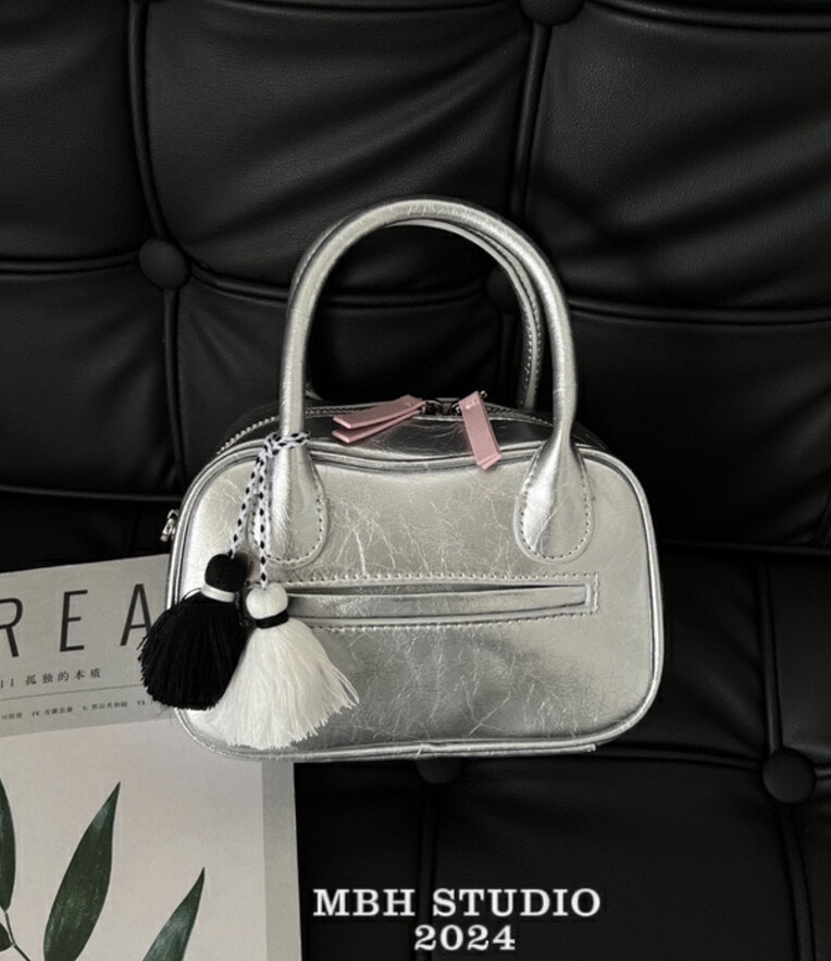 MBH Silver Textured Top-Handle Bag with Shoulder Strap and Charm - Image 4