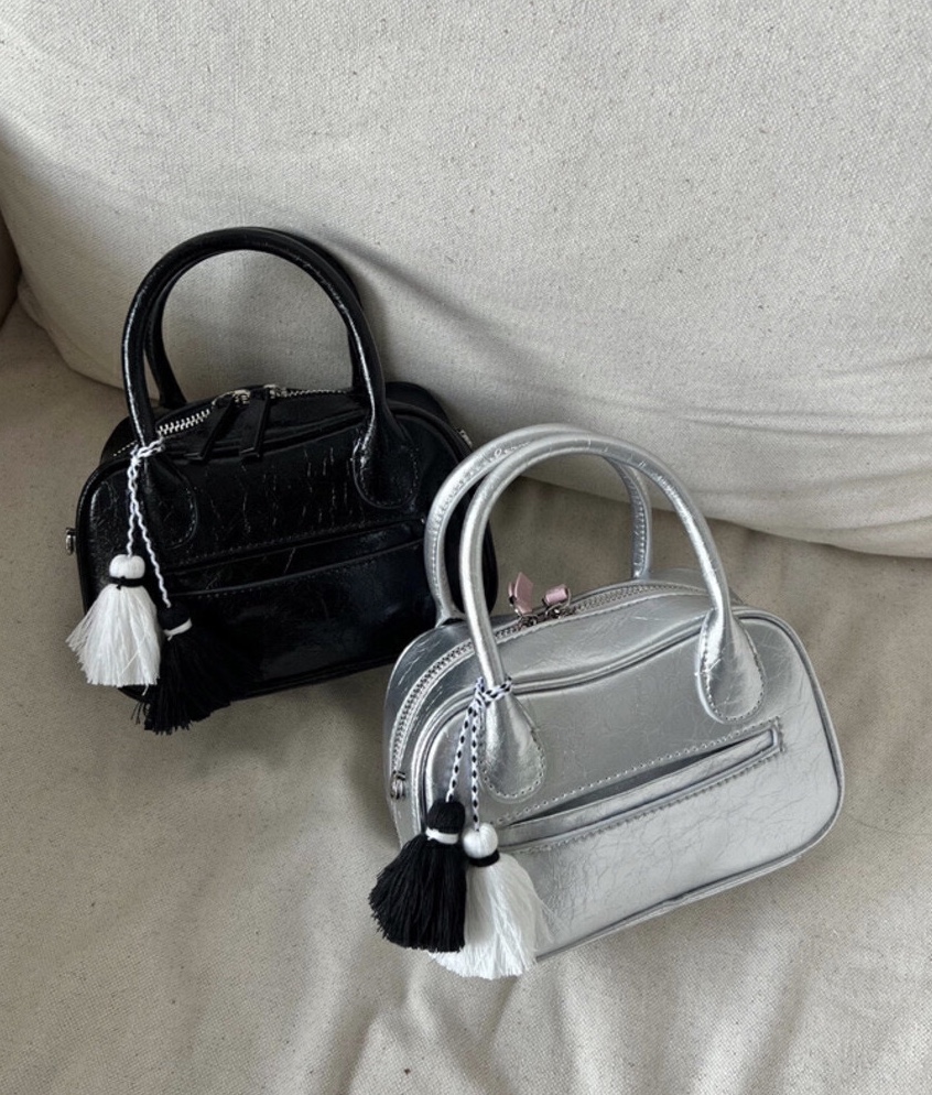 MBH Silver Textured Top-Handle Bag with Shoulder Strap and Charm