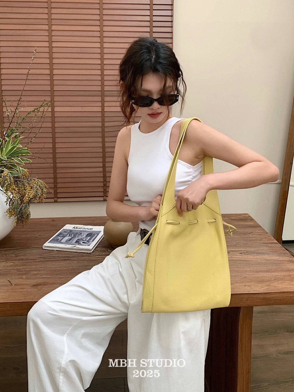 MBH Top Grain Leather Drawstring Ruched Bucket Tote Bag Summer Dopamine Shoulder Bag