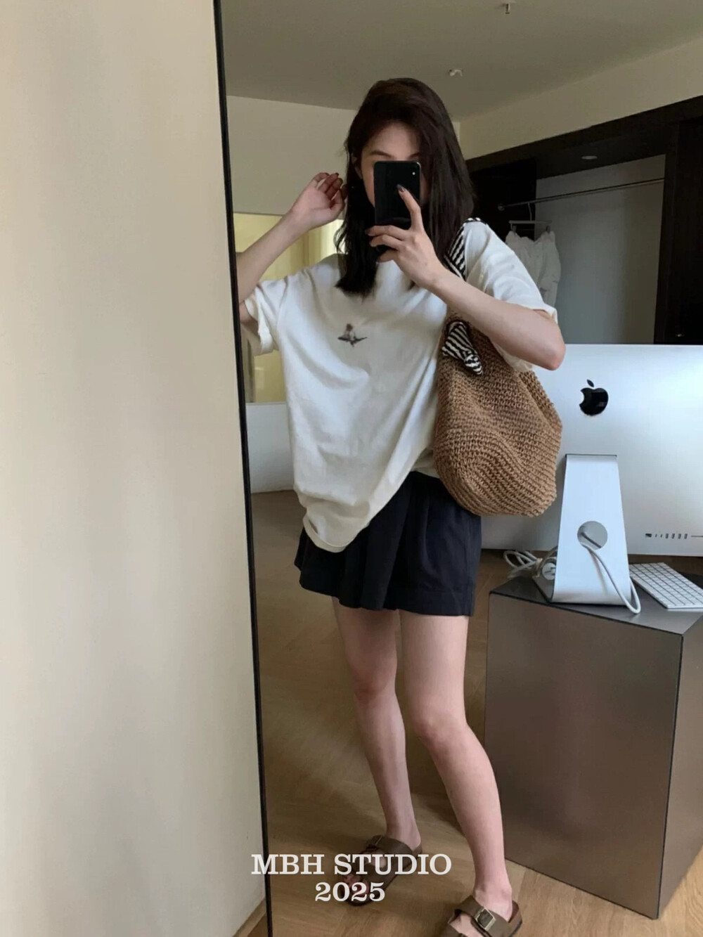 MBH Summer Handmade Straw Tote Bag Large Capacity Striped Shoulder Beach Bag